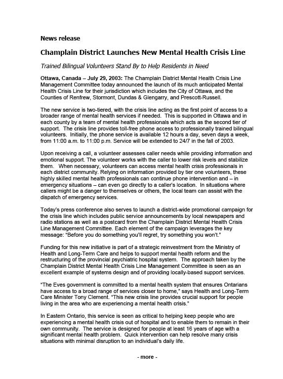 Media release copywriting sample