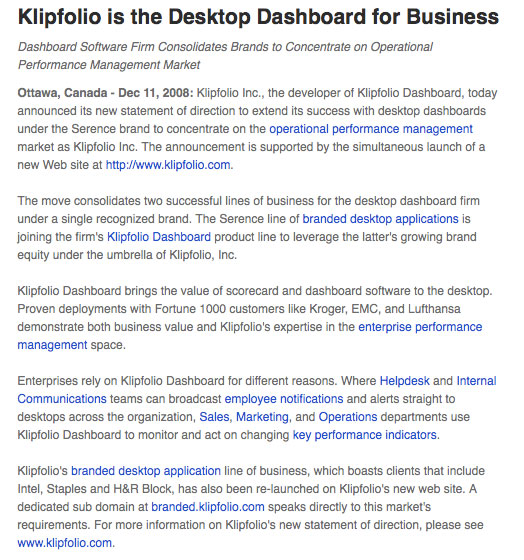 Klipfolio media release copywriting sample